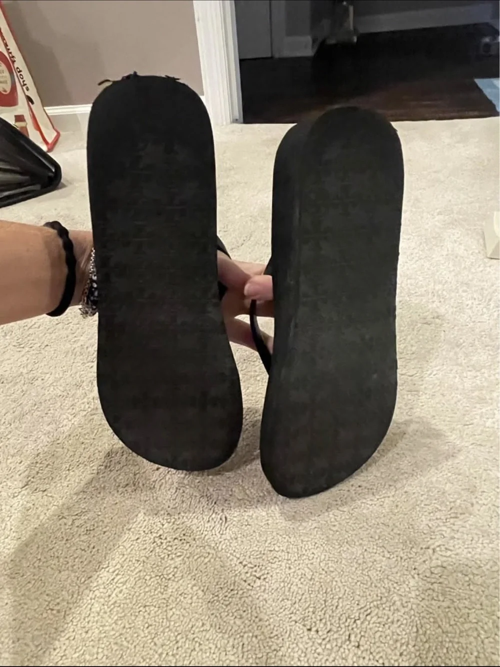 Tory Burch platform Black Flip Flops with Gold Logo Medallions
